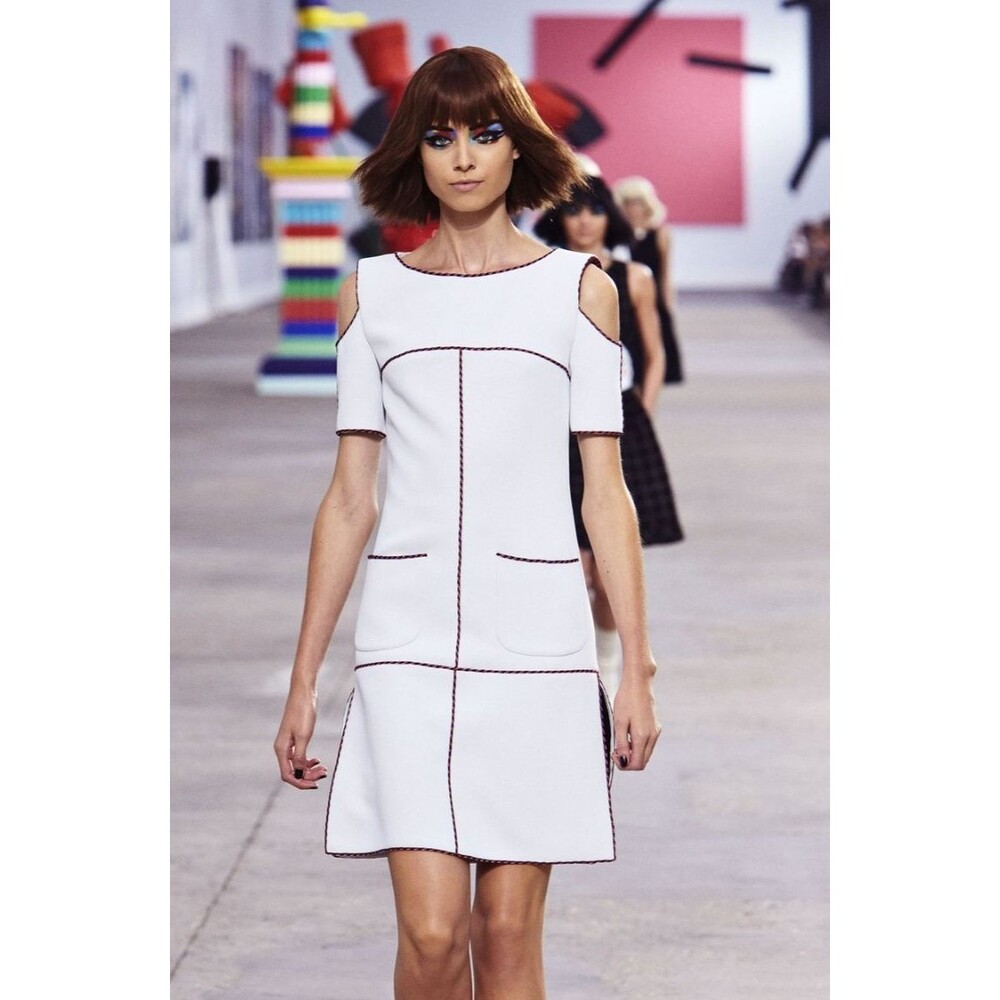 RUNWAY $4,350 Pre-loved 2014 Chanel™ Light Grey Trim Cold Shoulder Shift Dress